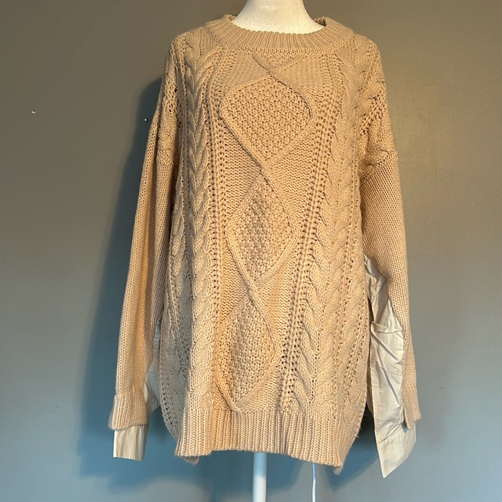 Promesa Cream Sweater with Shirt Sleeve Detail, Size Medium